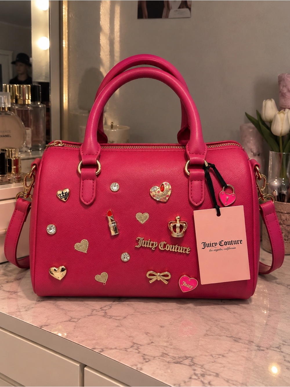 Juicy Couture Hot Pink Embellished Satchel with Gold Accents